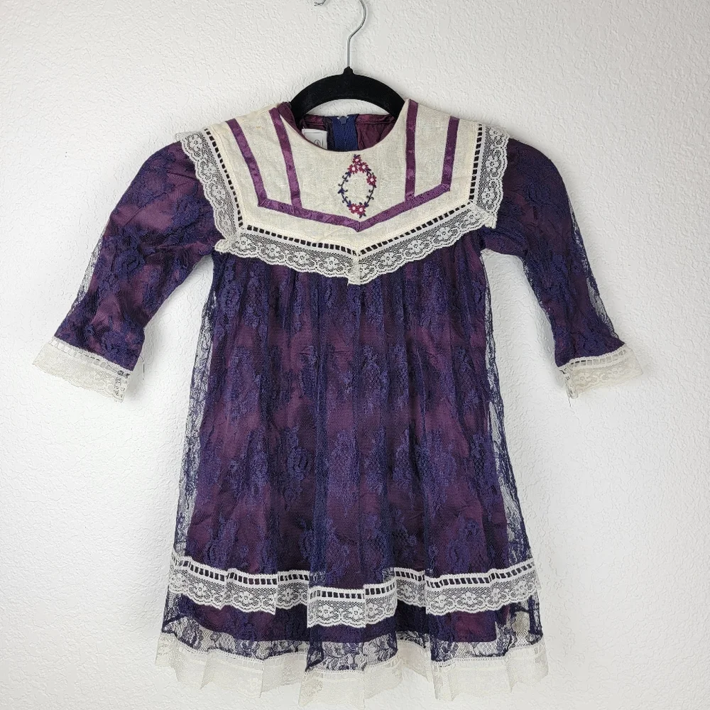 Gunne Sax Vintage Victorian Toddler Dress Lace Long Sleeve Purple Blue 4T